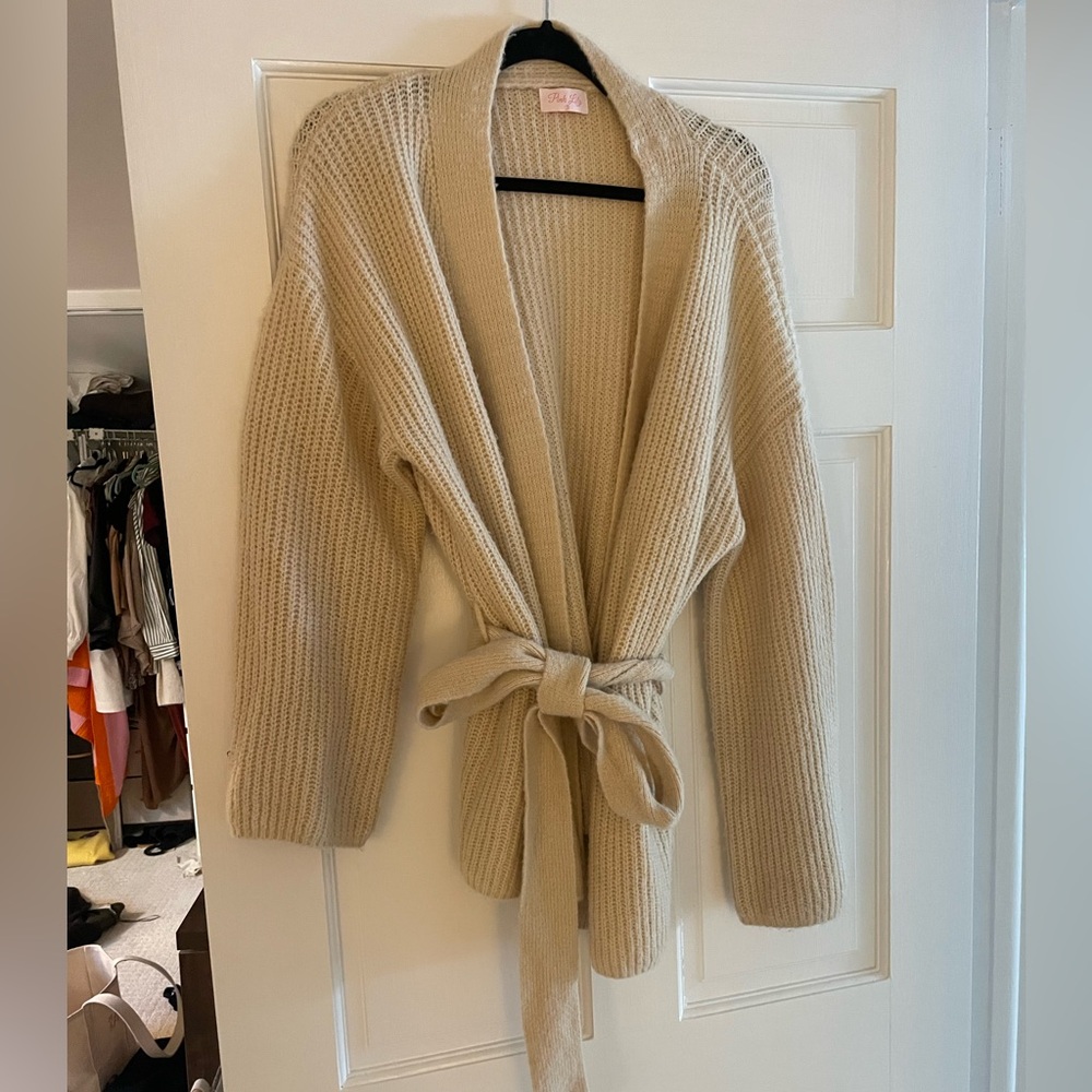 Pink Lily Cream Knit Tie-Waist Cardigan Sweater